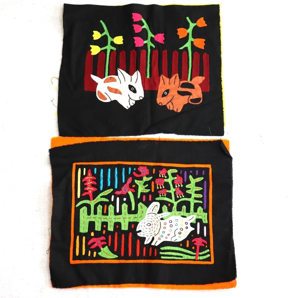Unbranded Kuna Mola Textile Panels Pair 11x8.5 Black Folk Art Animals